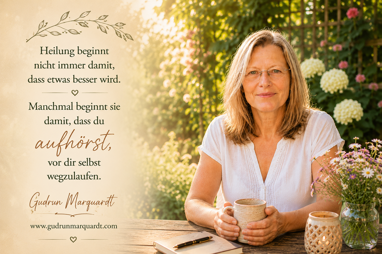 Frau sitzt ruhig im Garten im warmen Licht. Das Bild vermittelt innere Ruhe, Selbstreflexion und die Erkenntnis, dass Heilung mit Ehrlichkeit sich selbst gegenüber beginnt. Gudrun Marquardt