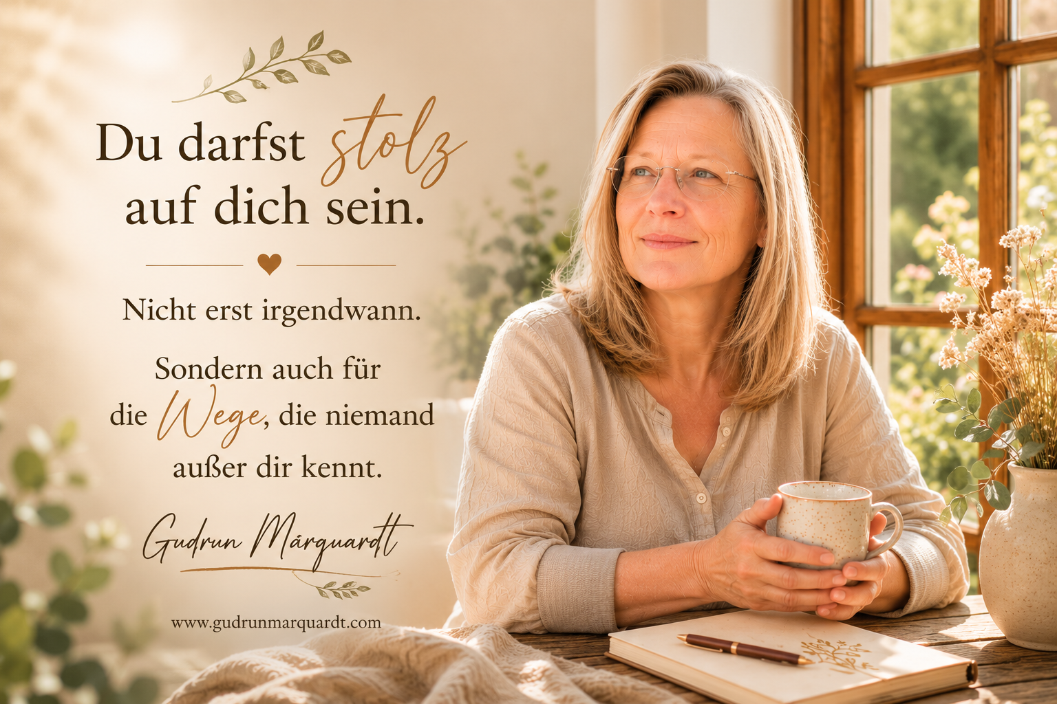 Frau sitzt im warmen Morgenlicht und blickt ruhig in die Ferne. Der Tagesimpuls handelt von Selbstwert, innerer Stärke und der Anerkennung des eigenen Weges.