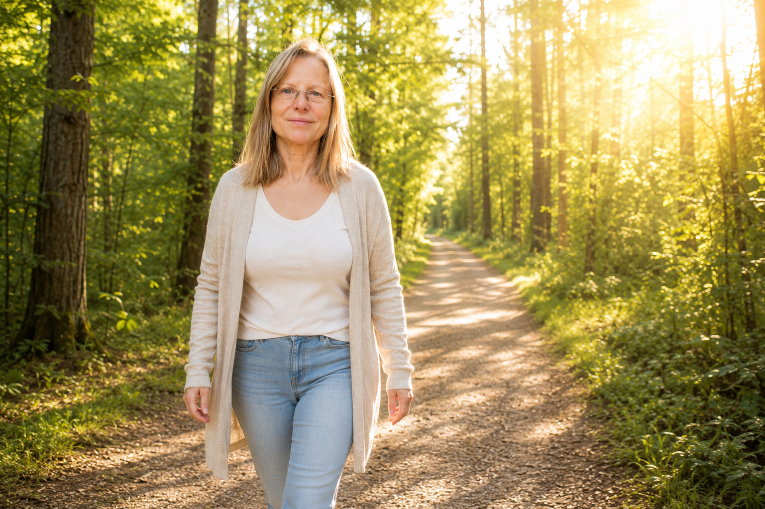 Eine selbstbewusste Frau geht auf einem sonnigen Waldweg entschlossen auf die Kamera zu. Goldenes Morgenlicht, frisches Grün und ein inspirierender Text vermitteln Aufbruch, Mut und Vertrauen in den eigenen Weg.