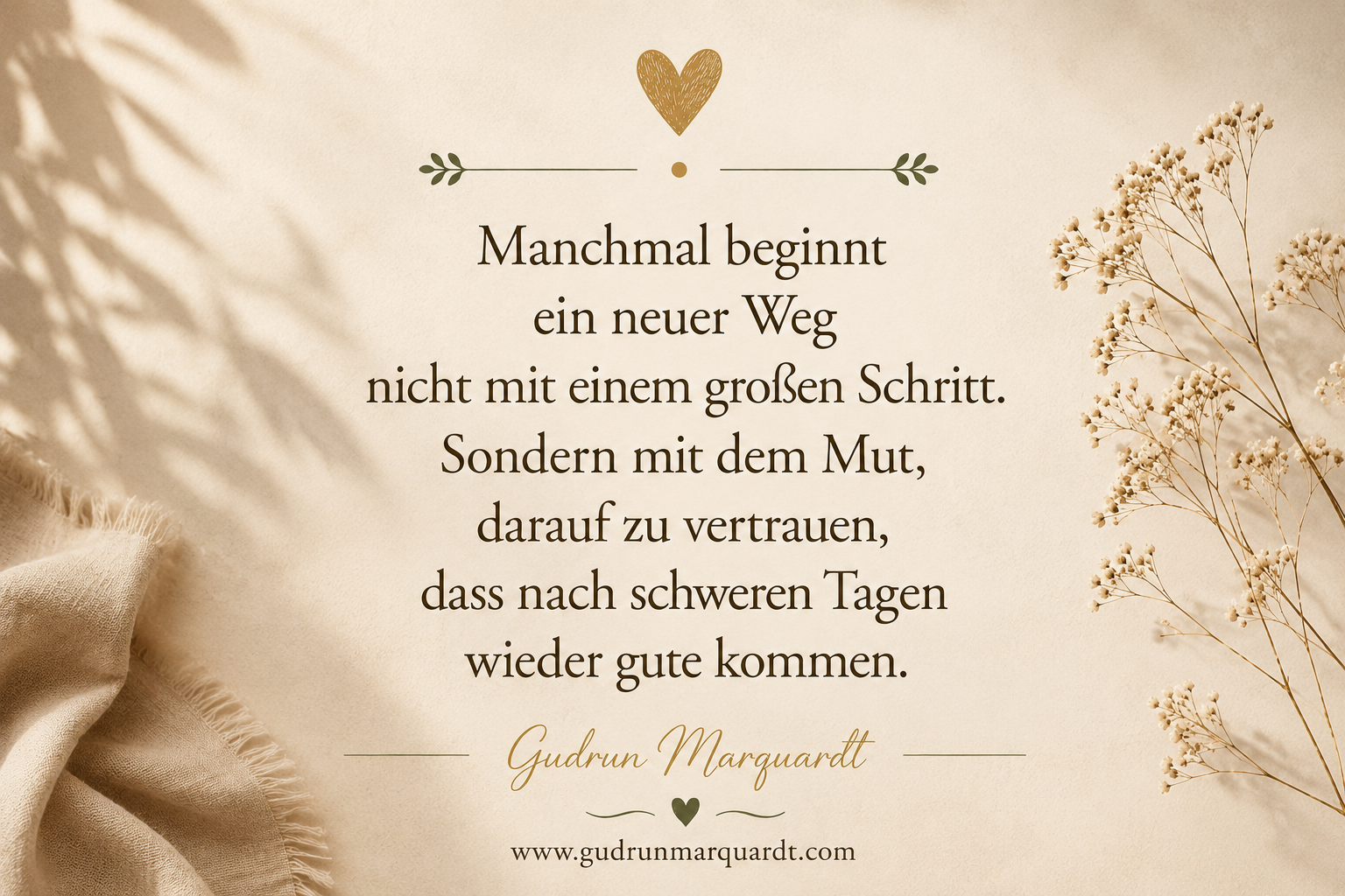 Minimalistisches Textbild in warmen Beige- und Goldtönen mit einem inspirierenden Zitat über Hoffnung, Vertrauen und den Mut, nach schwierigen Tagen an einen neuen Anfang zu glauben.