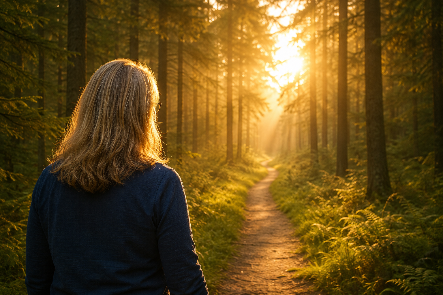 Frau geht auf einem sonnigen Waldweg einem neuen Lebensabschnitt entgegen und symbolisiert das Loslassen der Vergangenheit.