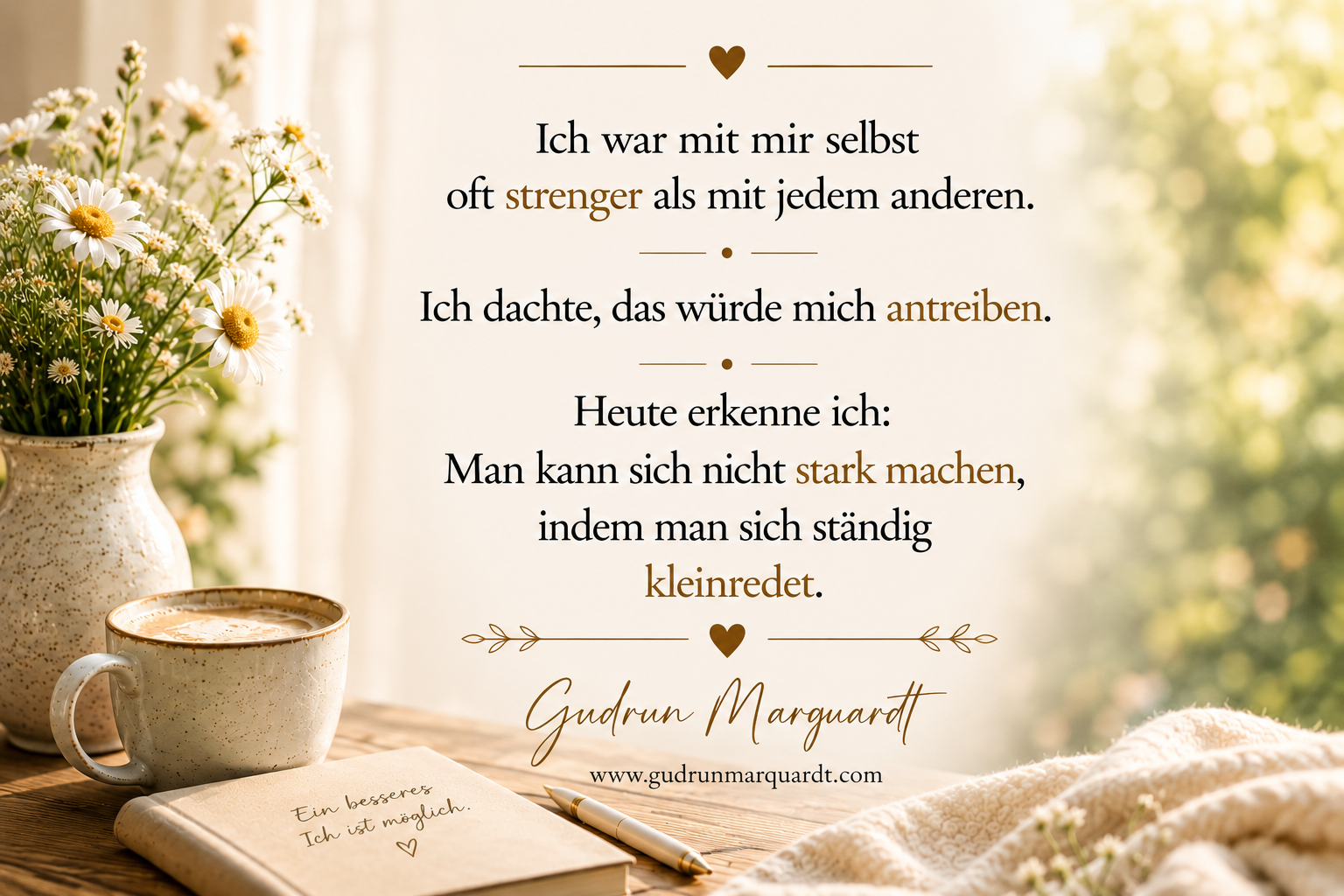 Persönliches Textbild von Gudrun Marquardt über negative Selbstgespräche, Selbstwert und einen freundlicheren Umgang mit sich selbst.