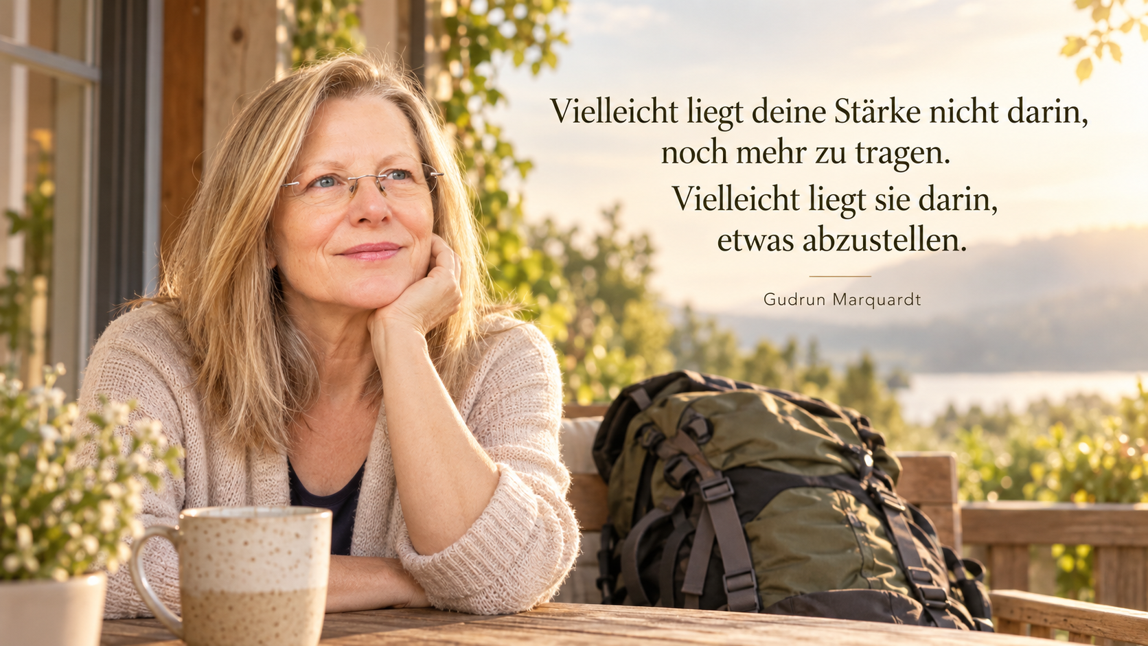 Frau neben einem abgestellten Rucksack als Symbol dafür, nicht immer stark sein und alles alleine tragen zu müssen.