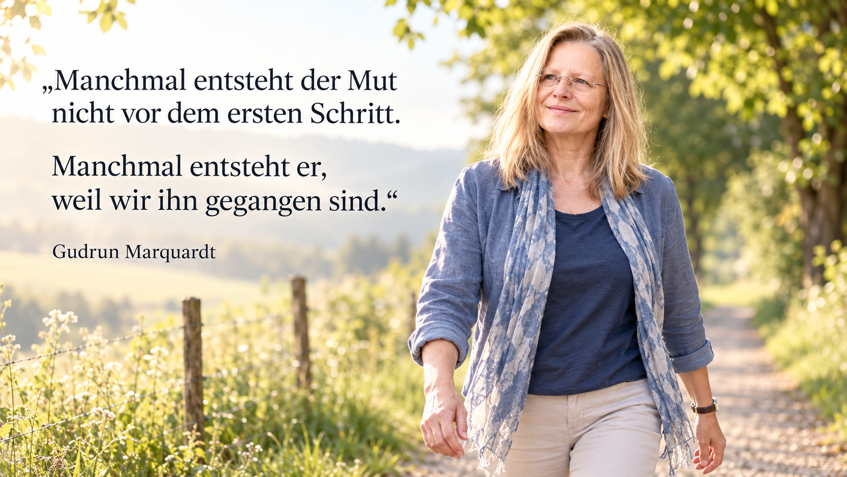 Frau auf einem hellen Weg als Symbol für Mut, Selbstvertrauen und den ersten Schritt in eine neue Richtung.