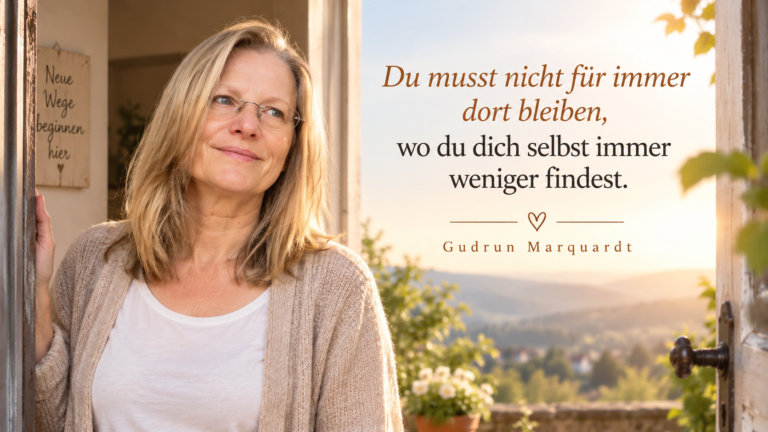 Frau steht an einer offenen Tür und denkt über Veränderung, Loslassen und einen neuen Lebensweg nach.