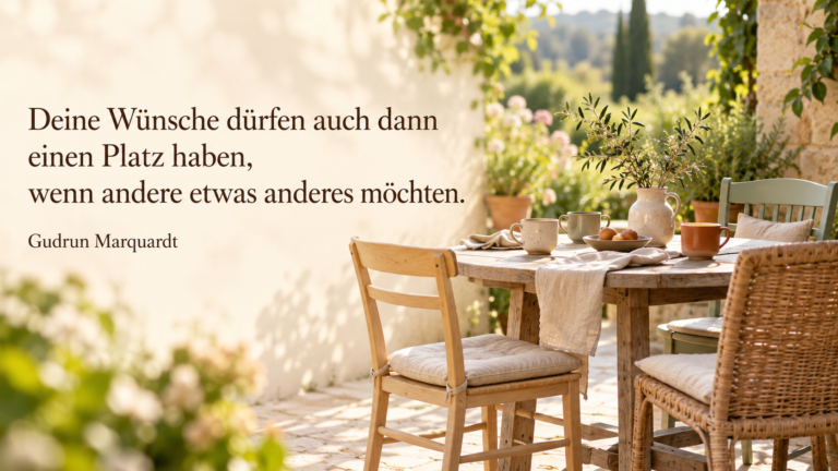 Gartenterrasse mit mehreren Stühlen und dem Gedanken, dass auch die eigenen Wünsche einen Platz haben dürfen.