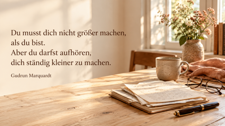 Heller Schreibtisch mit Notizen und Text über die Gewohnheit, sich selbst kleiner zu machen – Gudrun Marquardt.